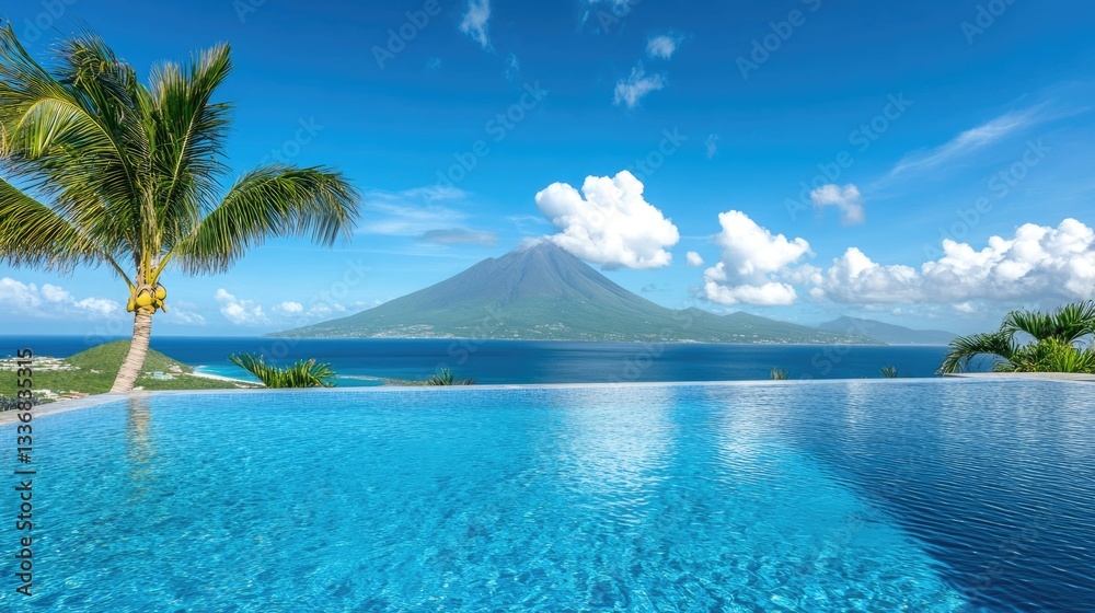 Fototapeta premium Panoramic View of Nevis Peak Overlooking a Tranquil Pool, Embraced by Blue Waters and a Summer Sky at Christopher Harbour