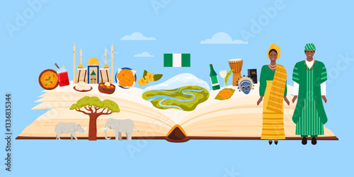 Travel to Nigeria infographic collage with open giant book and nature, culture elements and food. Nigerian man and woman in traditional costumes, Niger River landscape cartoon vector illustration