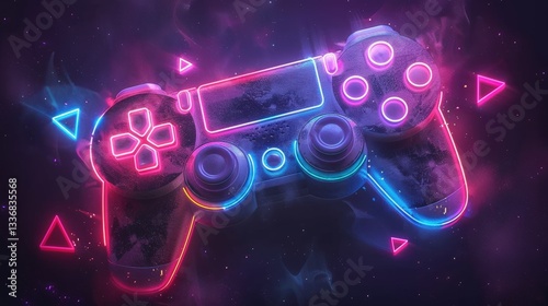 A vibrant neon gaming controller floating in a cosmic space background, symbolizing gaming culture