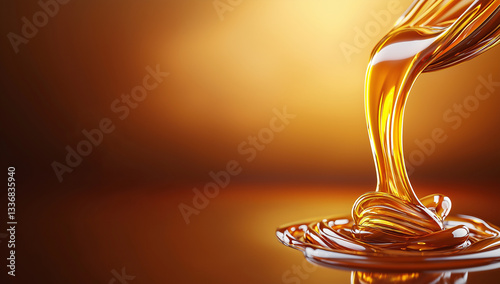 Flowing caramel liquid creates mesmerizing visual effect against warm background, showcasing its rich texture and glossy sheen. scene evokes sense of indulgence and sweetness