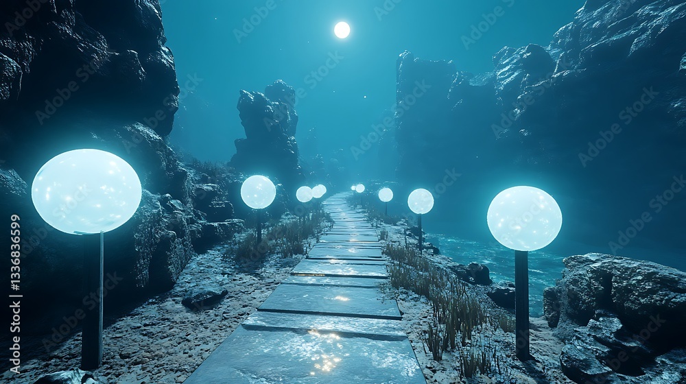 Moonlit path, glowing spheres, rocky landscape