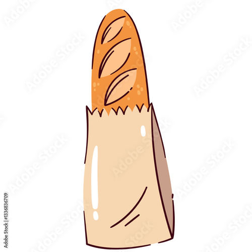 Paper bag with French baguette. Baked artisan bread in rustic cardboard packet, craft package with wheat loaf. Bakery mascot, baguette for breakfast cartoon vector illustration