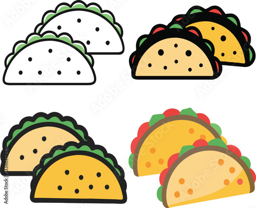 A vibrant illustration of four cute taco characters with expressive  and colorful toppings