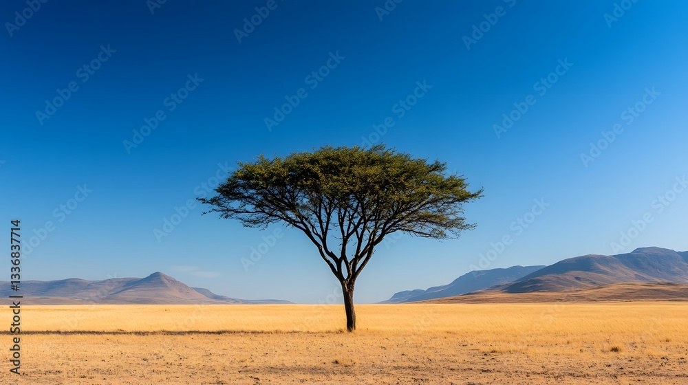 Naklejka premium Lone Tree Standing Tall in Arid Desert Landscape Representing Hope Amidst Climate Change