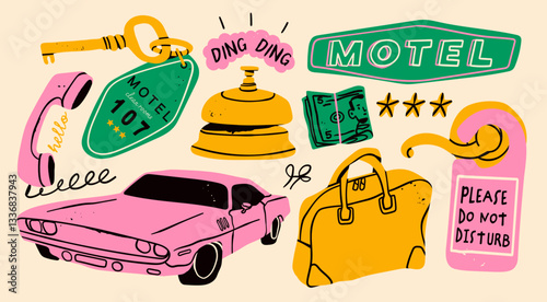 Motel, hotel items set. Various isolated objects. Phone, ring bell, key, suitcase, cash, car, disturb room sign. Hand drawn Vector illustration. Hostel, tourist service, hospitality, vacation concept