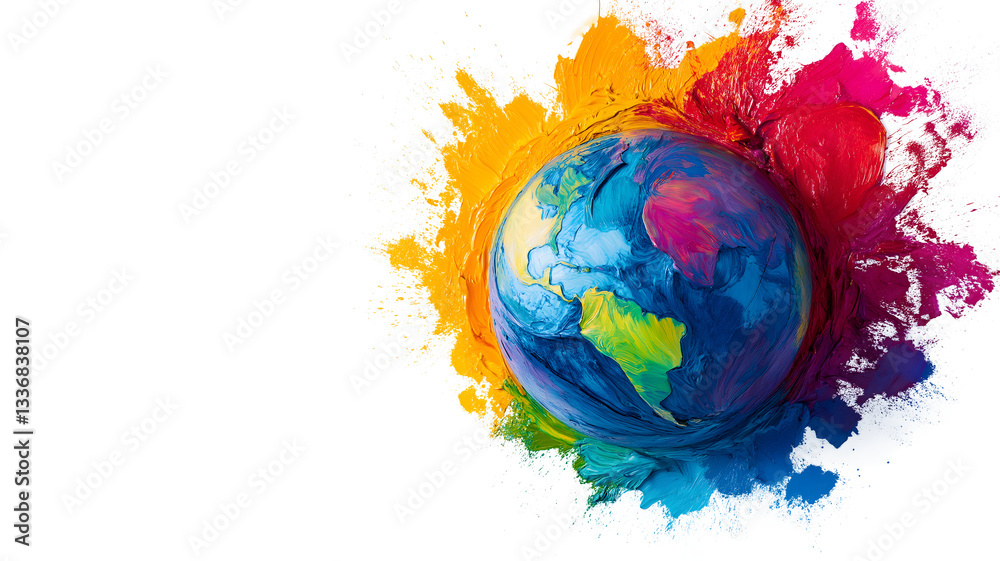 © Aklima - A colorful globe with splatters of paint on it. The globe is surrounded by a white background © Aklima - A colorful globe with splatters of paint on it. The globe is surrounded by a white background