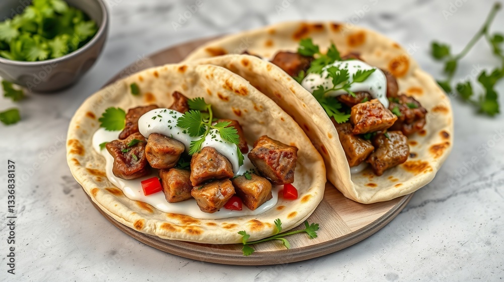Delicious Indian-Style Chicken Skewers Served on Soft Flatbreads with Fresh Vegetables and Creamy Yogurt Sauce Delicious Indian-Style Chicken Skewers Served on Soft Flatbreads with Fresh Vegetables and Creamy Yogurt Sauce