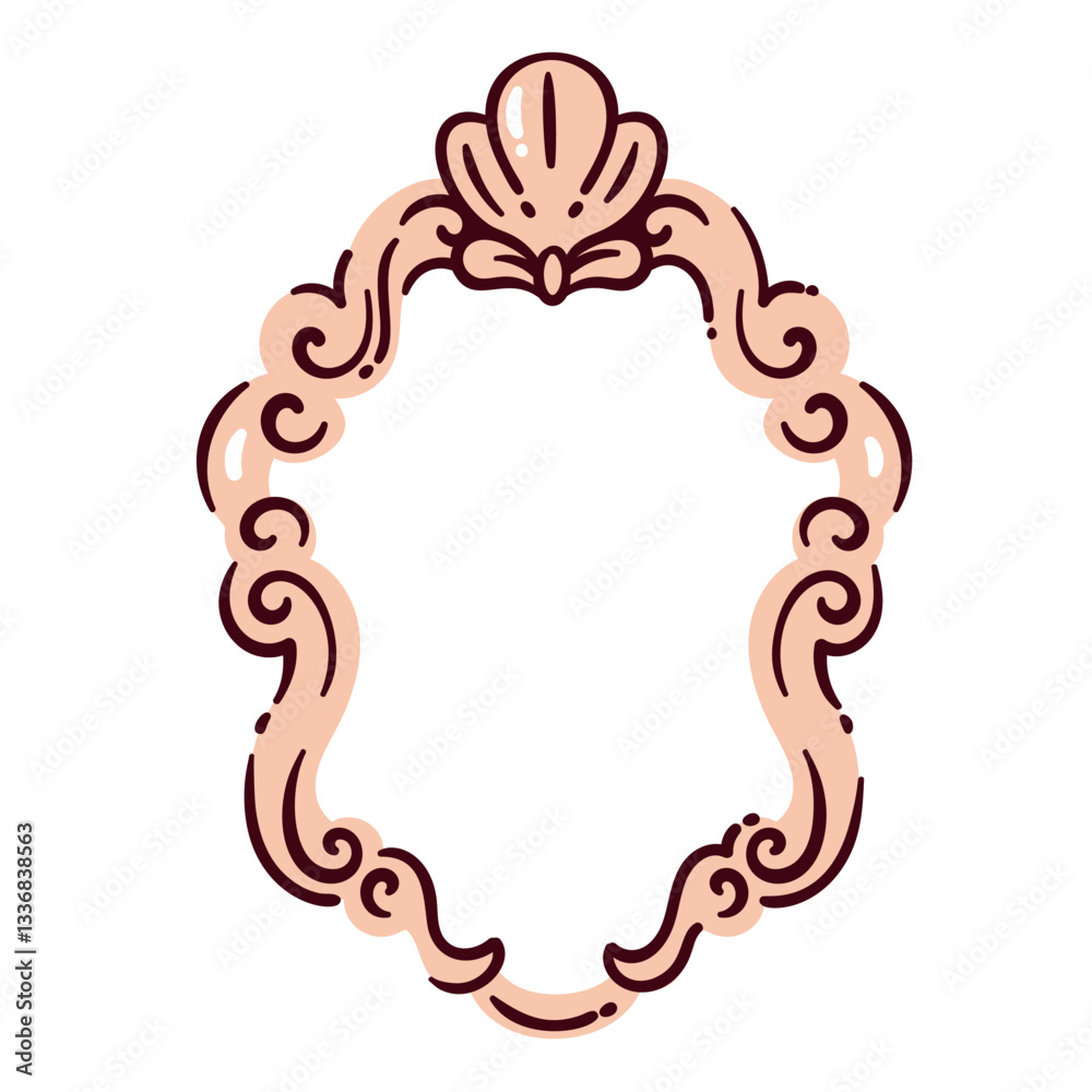 Ornate pink frame with carved filigree for mirror and picture. Funny swirls and flourishes in Victorian style decorate frame. Art museum mascot, retro photo border cartoon vector illustration