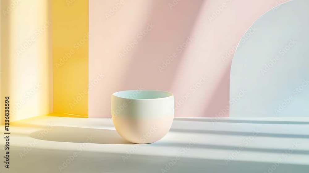 A minimalist bowl rests on a surface, illuminated by soft, colorful light in a serene, modern setting. A minimalist bowl rests on a surface, illuminated by soft, colorful light in a serene, modern setting.