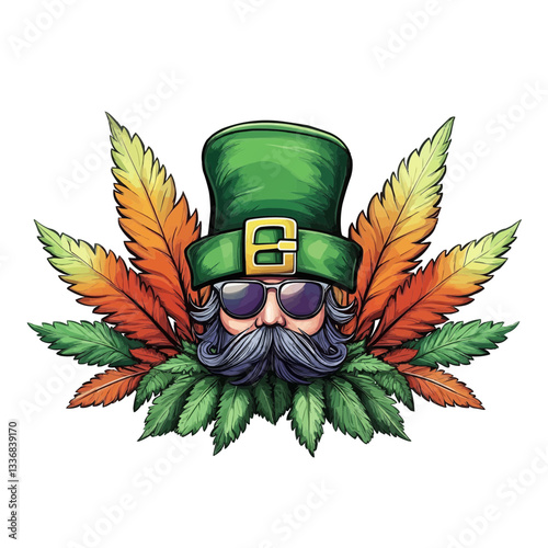 bearded leprechaun wearing a green hat and sunglasses, surrounded by colorful cannabis leaves in shades of green, orange, and yellow. The design blends St. Patrick's Day themes with a cannabis culture