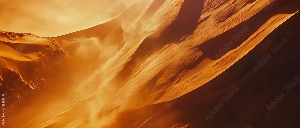 Obraz premium Aerial perspective showcasing the captivating beauty of a desert landscape with dramatic sand dunes sculpted by the forces of nature and illuminated by cinematic lighting