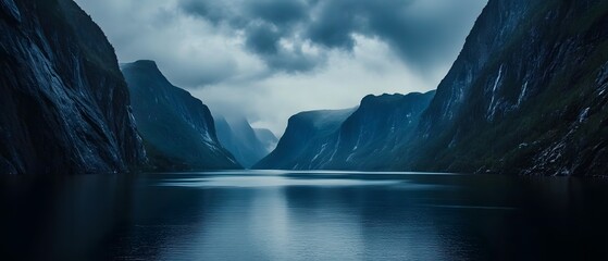 Leinwandbilder Schwarz Breathtaking fjord landscape surrounded by rugged snow capped mountains with their dramatic reflections in the still dark blue waters below  The scene is enhanced by contemporary  © Jittapon