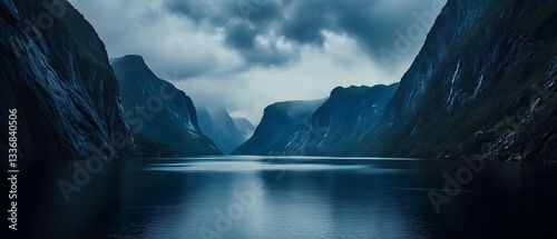 Breathtaking fjord landscape surrounded by rugged snow capped mountains with their dramatic reflections in the still dark blue waters below  The scene is enhanced by contemporary