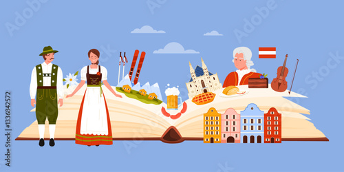 Culture elements, language and landmarks of Austria study in infographic collage. Open giant paper guide book and landscape of Alps, Austrian people, Mozart and violin cartoon vector illustration