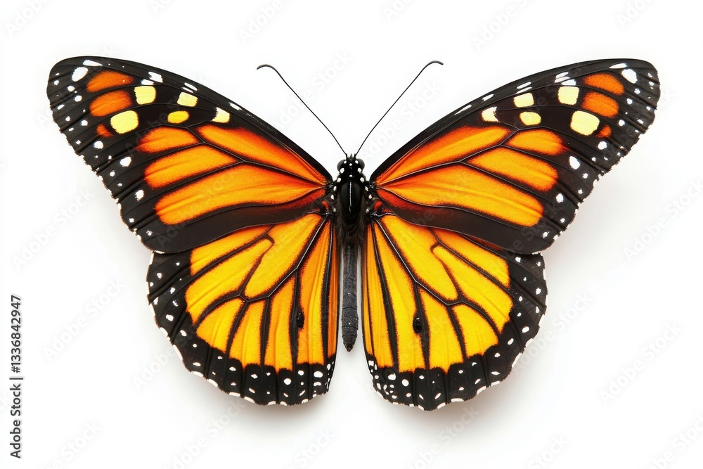 Fototapeta premium A monarch butterfly with orange and black wings spread open on a plain white background close up view