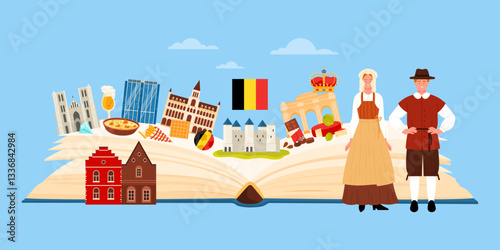 Belgium culture and traditional landmarks, language study in journey. Infographic collage banner with open big guide book, Belgians in national costumes, food and buildings cartoon vector illustration