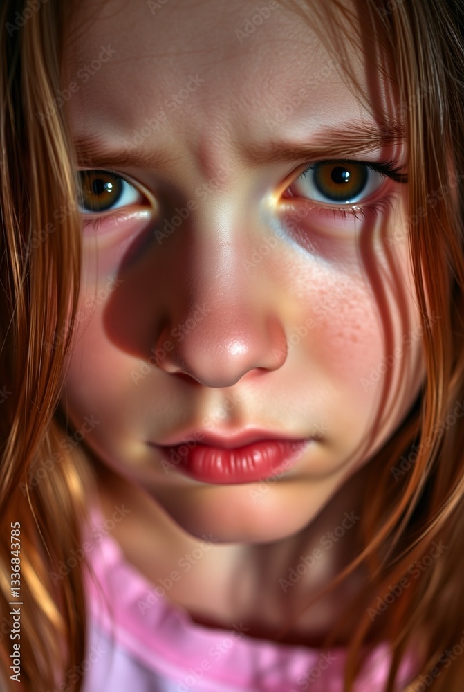 Close-Up Portrait of a Concerned Young Girl with Brown Hair and Intense Eyes Close-Up Portrait of a Concerned Young Girl with Brown Hair and Intense Eyes