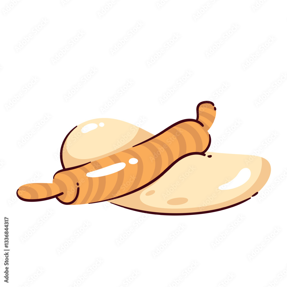 Rolling pin of baker and yeast dough. Wooden tool rolling ball on kitchen table to flatten, knead and prepare pizza, pie or bread. Cooking, bakery mascot cartoon vector illustration Rolling pin of baker and yeast dough. Wooden tool rolling ball on kitchen table to flatten, knead and prepare pizza, pie or bread. Cooking, bakery mascot cartoon vector illustration