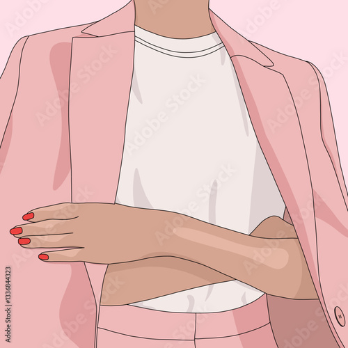 Businesswoman in Pink Suit Illustration with Crossed Arms