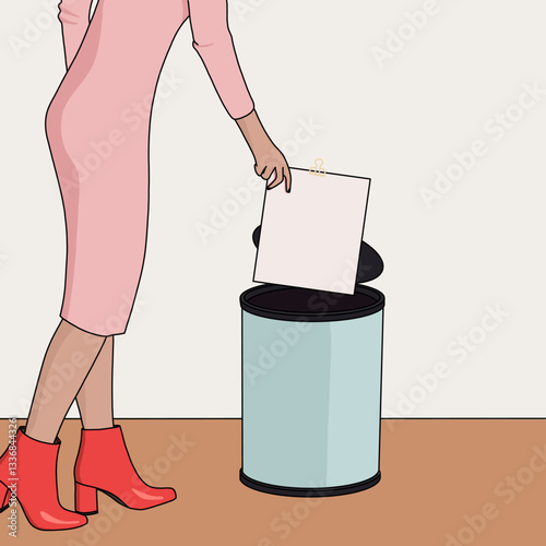 Illustration of a Woman in a Dress With Red Boots Throwing a Paper into the Bin