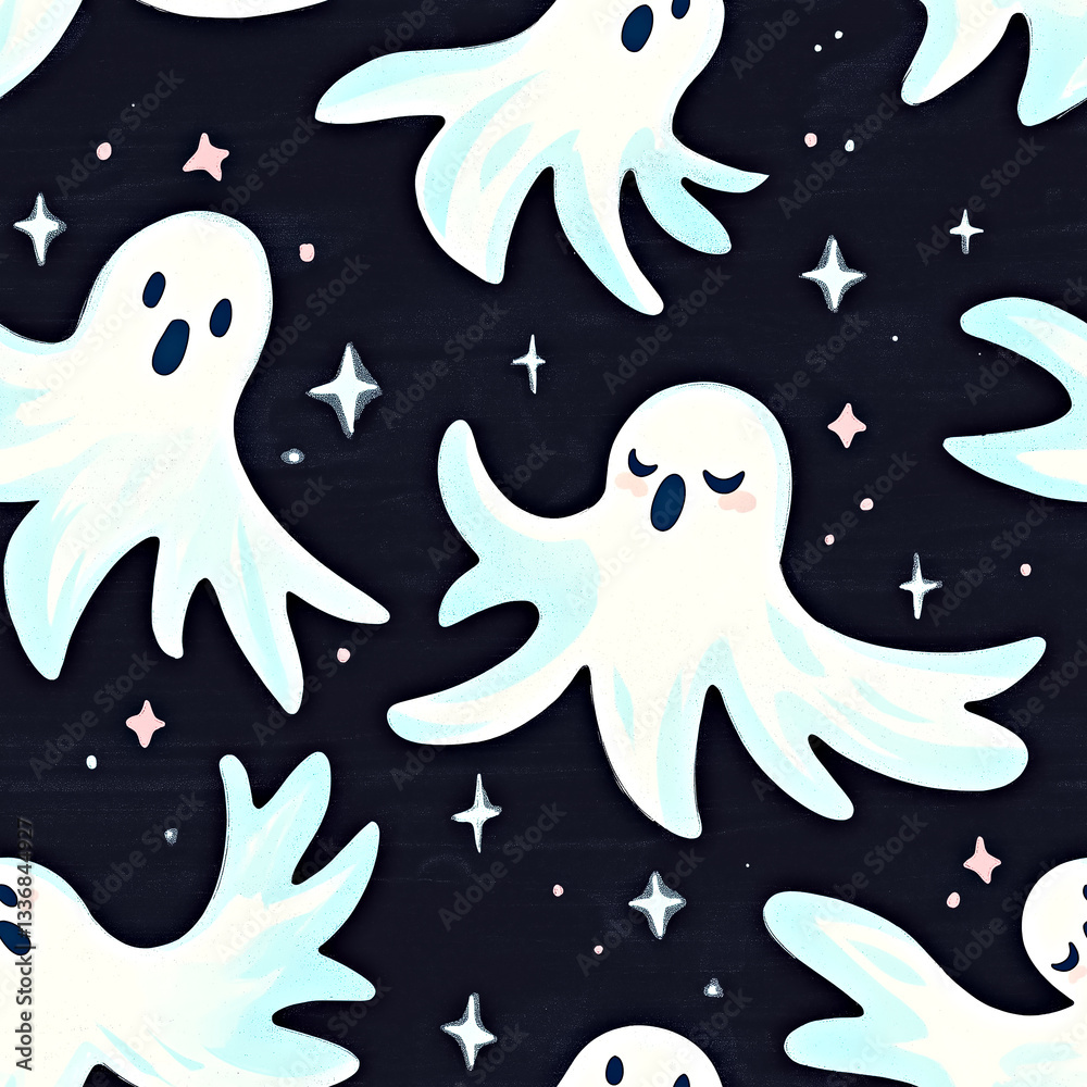 Seamless pattern with cute light blue ghosts and stars on dark textured background Seamless pattern with cute light blue ghosts and stars on dark textured background