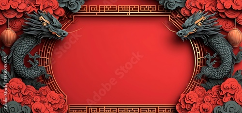 Festive celebration of chinese new year with paper cut clouds and lanterns cultural art vibrant red background traditional viewpoint