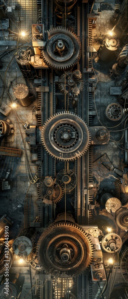 Fototapeta premium Bird's-eye view of an assembly line powered by rotary machines, gears and belts in sync, lights casting sharp shadows focus.