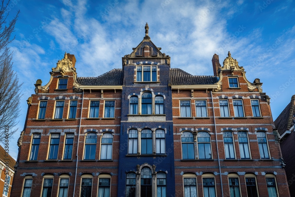 Historic Dutch Orphanage Building in Groningen: A Glimpse of Ancient Architecture Against a Blue Sky Historic Dutch Orphanage Building in Groningen: A Glimpse of Ancient Architecture Against a Blue Sky