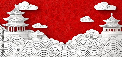 Chinese new year celebration with papercut clouds and lanterns traditional asian design festive atmosphere cultural symbolism