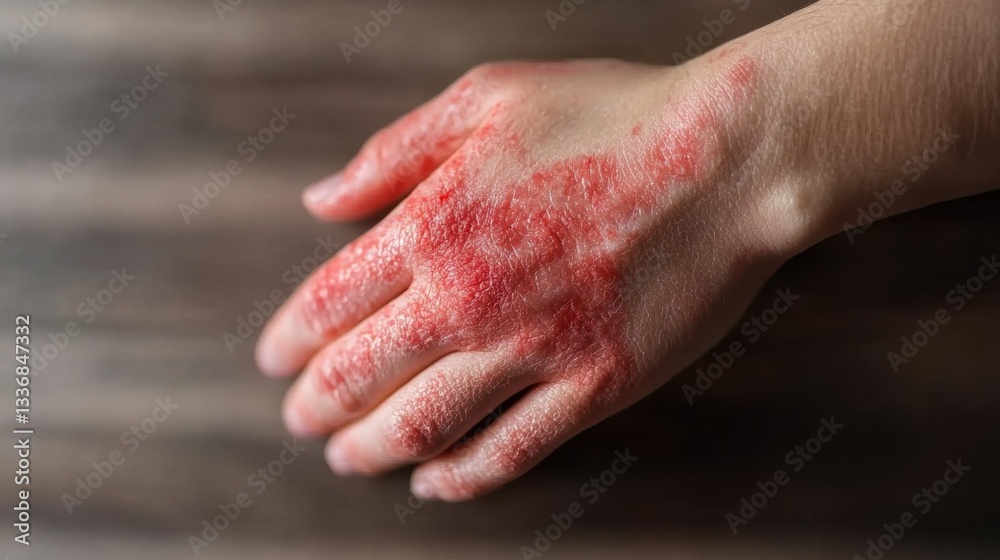 Fototapeta premium Close-Up of Inflamed Red Patches on Hand Skin Affected by Eczema, Highlighting Dry and Flaky Texture, Captured in High-Resolution Detail