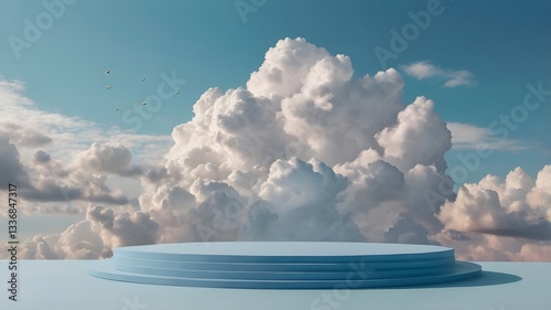 pastel blue podium under a cloudy sky for product displays photo