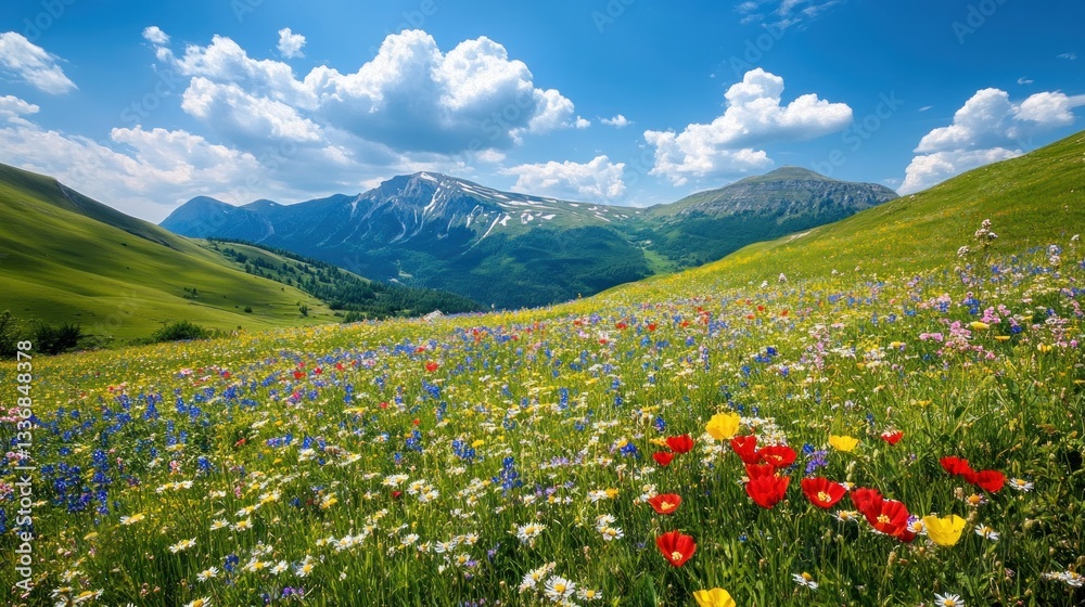 Fototapeta premium Vibrant wildflowers bloom in a tranquil mountain meadow under a bright blue sky