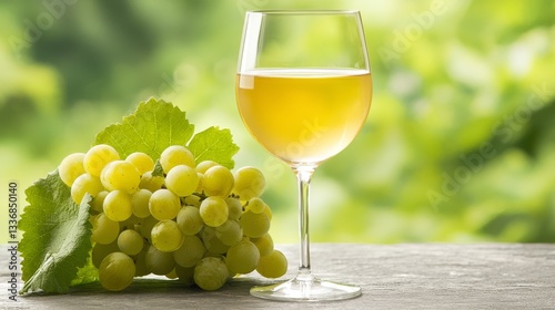 Elegant glass of white wine paired with a fresh bunch of green grapes on sunny day