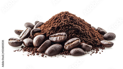 A pile of coffee beans and coffee grounds. The coffee beans are scattered around the coffee grounds, contrasting the two. Concept of warmth and comfort