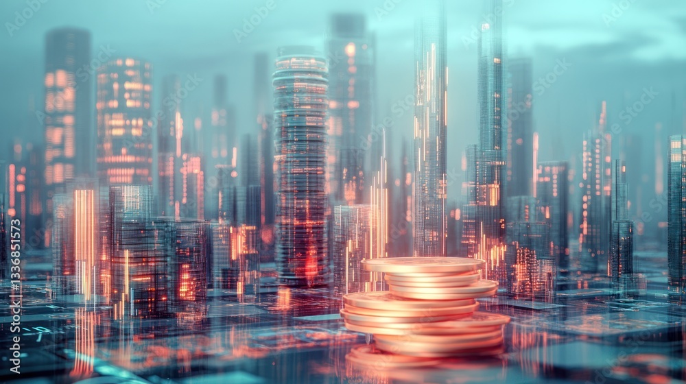 Obraz premium Futuristic city skyline with stacked coins. Possible stock photo use