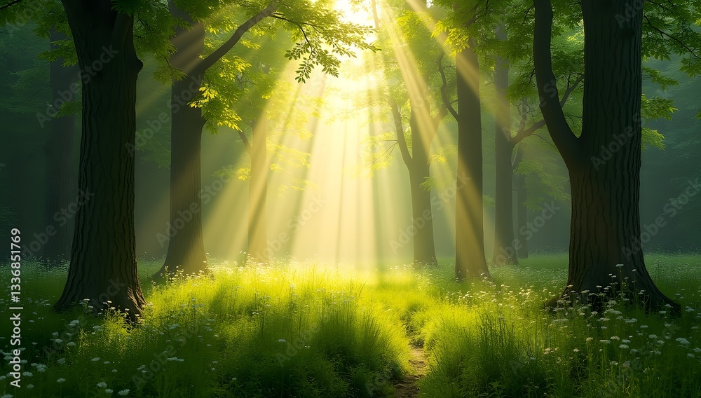 Obraz premium Serene Sunbeams Dancing Through Tranquil Woodland Path