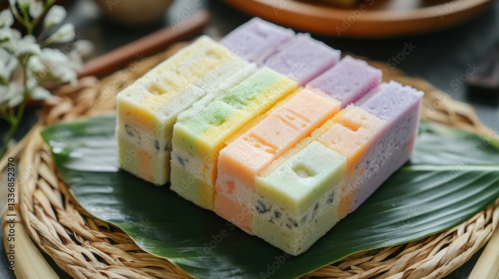 Colorful Layers of Kuih Lapis on Banana Leaf Showing Beautiful Patterns and Textures in a Traditional Dessert Presentation Colorful Layers of Kuih Lapis on Banana Leaf Showing Beautiful Patterns and Textures in a Traditional Dessert Presentation