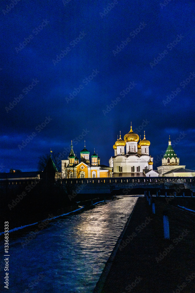 Fototapeta premium view of illuminated Ipatiev Monastery in Kostroma