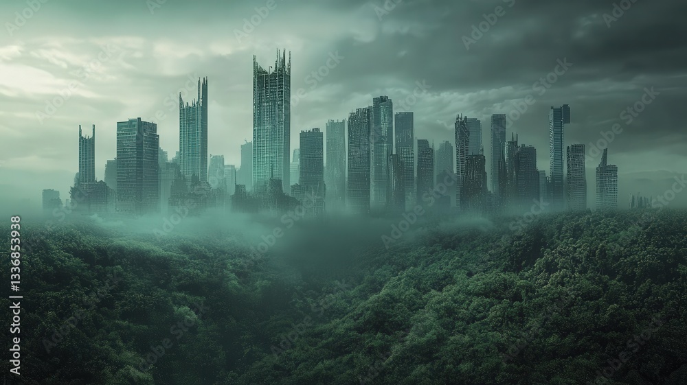 Fototapeta premium A powerful conceptual image of a lush forest being replaced by a city skyline that fades into industrial smog. A somber visual of urbanization, pollution, and climate change.