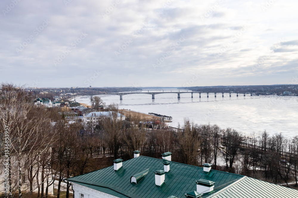 above view of river with bridge in Kostroma city above view of river with bridge in Kostroma city