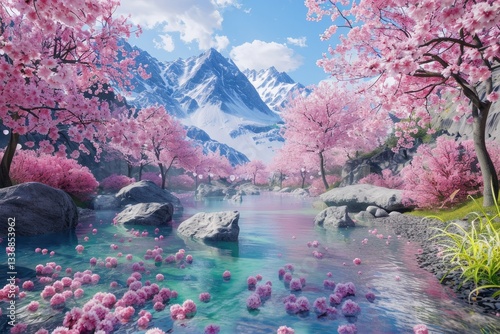 Flawless Picture of Mount Everest Area with Blooming Pink Cherry Blossoms