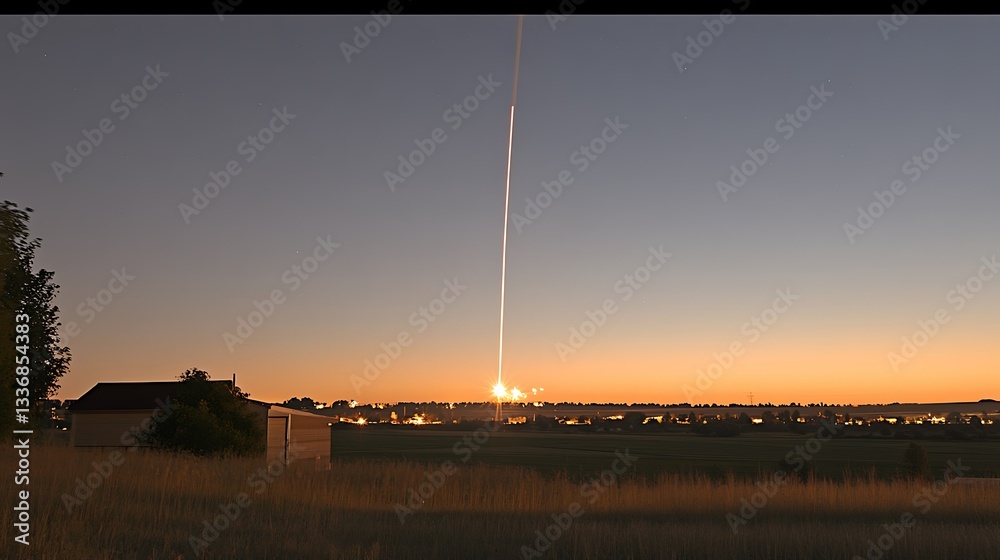 Rocket launch at dawn, rural landscape