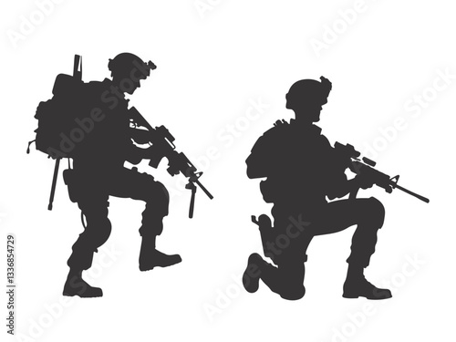 Silhouettes of armed soldiers vector illustration on white background