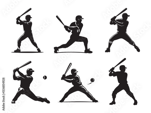 Set of baseball batter player silhouette vector illustration on white background