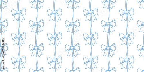 Seamless Pattern with Abstract Simple Blue Ribbons. Coquette Bows for greetings, invitations, manufacture wrapping paper, textile and web design. Vector endless pattern