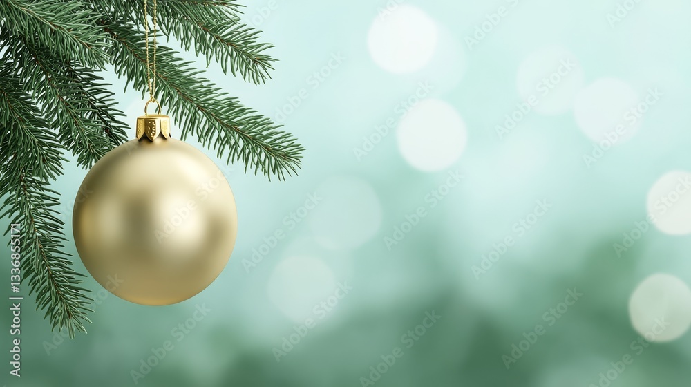 Obraz premium Glimmering gold christmas ball ornament hanging on a festive fir tree branch