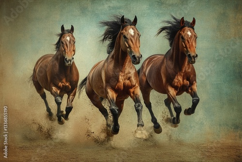 Dynamic Trio of Horses: Collage of Three Bay Horses in Action, Showcasing Speed and Strength While Running and Jumping