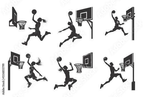 Set of basketball player performing slam dunks silhouette vector illustration