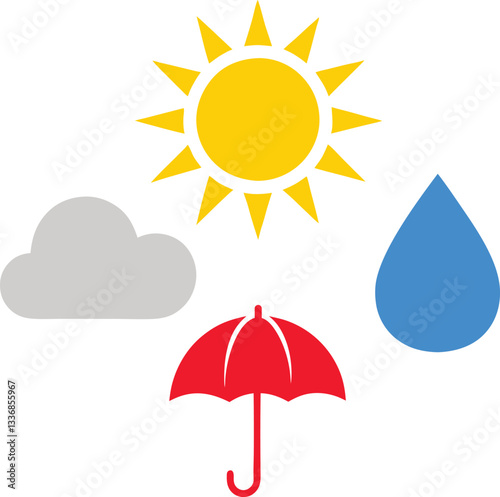 Sun, Clouds, Umbrella and Raindrop Vector Design.