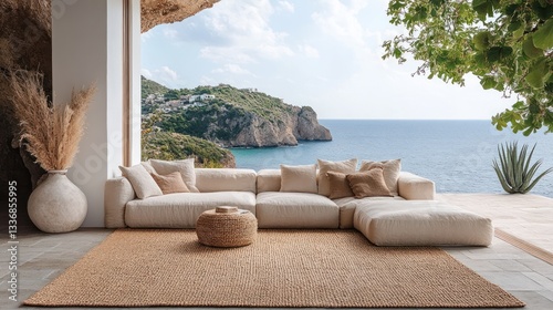 Coastal Modern Sectional Sofa on Outdoor Patio overlooking Sea Views